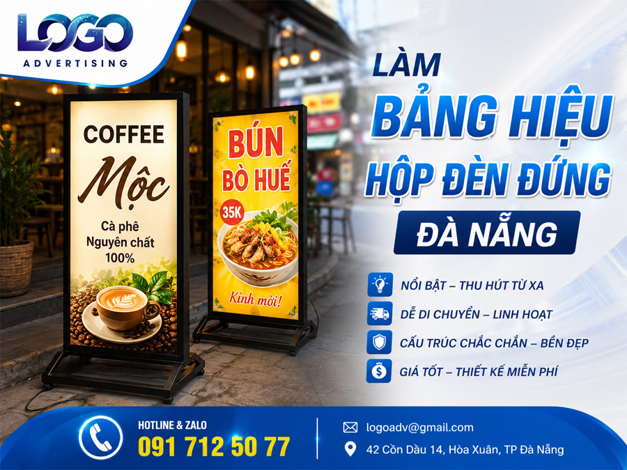Làm Bảng Hiệu Hộp Đèn Đứng Đà Nẵng – Thiết Kế Đẹp, Dễ Di Chuyển, Thu Hút Khách Từ Xa